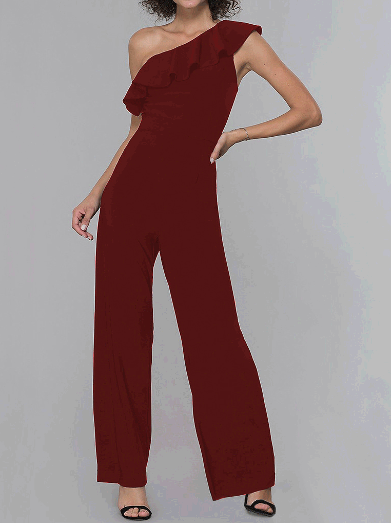 Jumpsuits Sloping Shoulder Solid Ruffle Jumpsuit