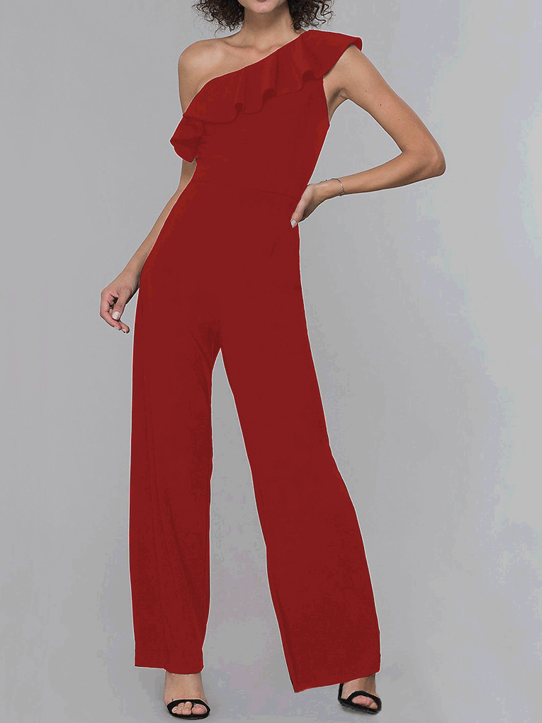 Jumpsuits Sloping Shoulder Solid Ruffle Jumpsuit