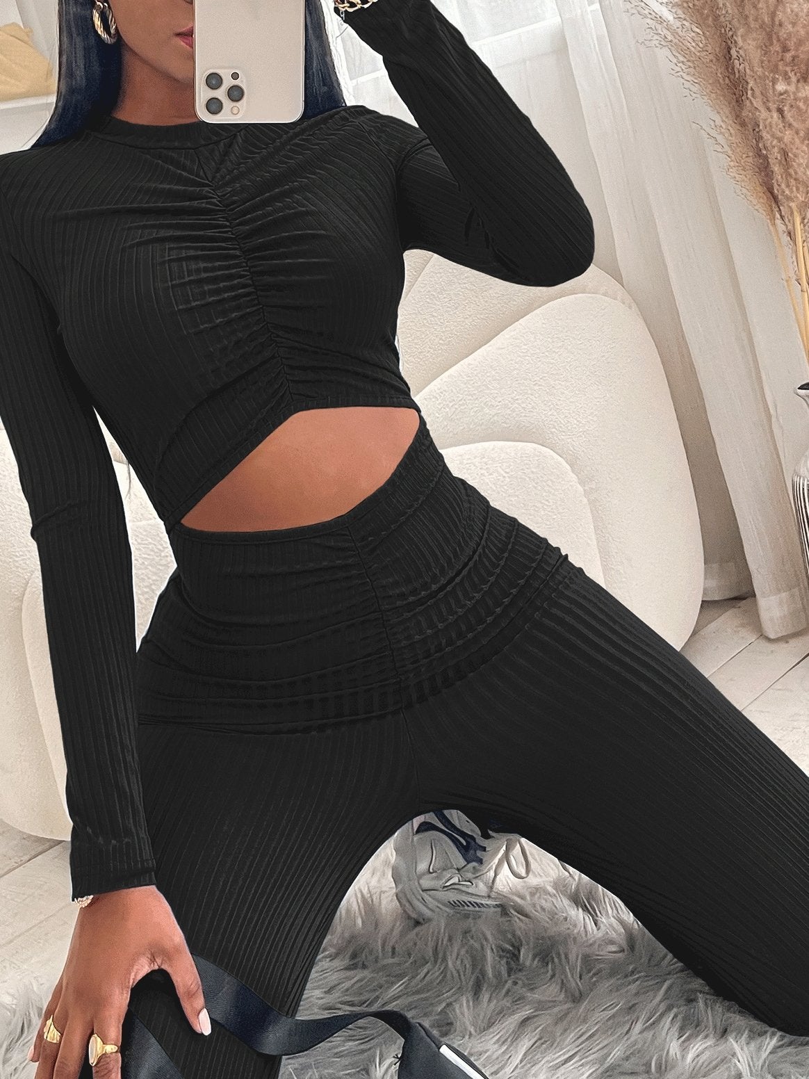 Smocked Long Sleeve Waist Hollow Skinny Jumpsuit Ins Street