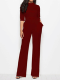 Jumpsuits Solid Half Sleeve Stand Collar Wide Leg Jumpsuit