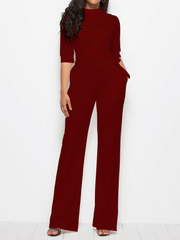 Jumpsuits Solid Half Sleeve Stand Collar Wide Leg Jumpsuit