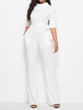 Jumpsuits Solid Half Sleeve Stand Collar Wide Leg Jumpsuit