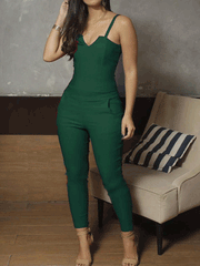 Jumpsuits Solid Strap Stretch Skinny Pocket Jumpsuit