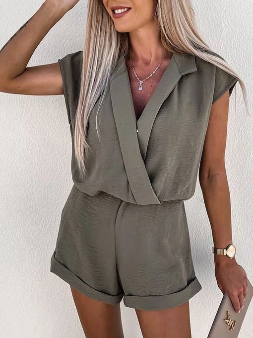 Solid V-Neck Sleeveless Casual Jumpsuit Ins Street