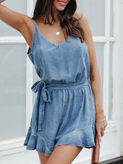 Suspender Tie Ruffled Denim Jumpsuit Ins Street