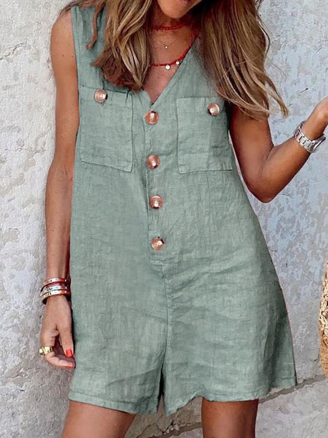 V-Neck Button Pocket Sleeveless Jumpsuit Ins Street