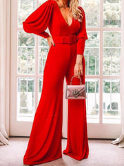 V-Neck Long Sleeve High Waist Jumpsuit Ins Street