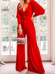 V-Neck Long Sleeve High Waist Jumpsuit Ins Street