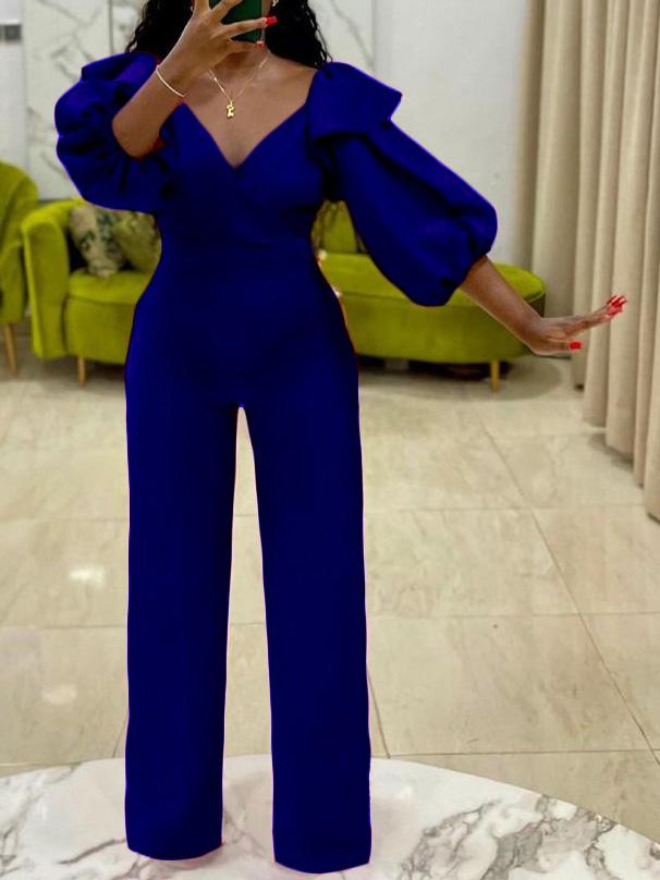 V-Neck Puff Sleeve Solid Jumpsuit Ins Street