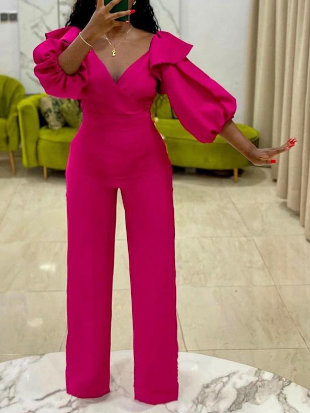 V-Neck Puff Sleeve Solid Jumpsuit Ins Street