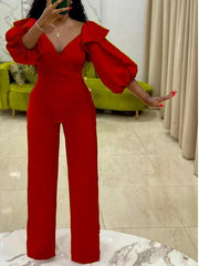 V-Neck Puff Sleeve Solid Jumpsuit Ins Street