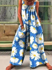Vintage Print Loose Suspenders Wide-Leg Jumpsuit Ins Street