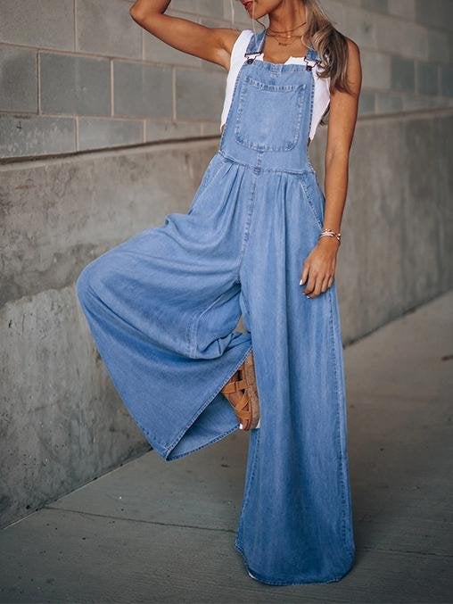 Wide-Leg Leisure Vacation Denim Jumpsuit Ins Street