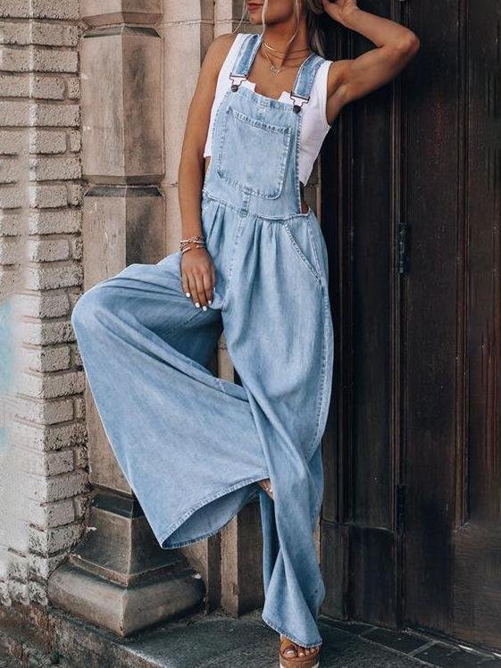 Wide-Leg Leisure Vacation Denim Jumpsuit Ins Street