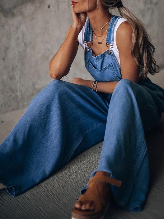 Wide-Leg Leisure Vacation Denim Jumpsuit Ins Street