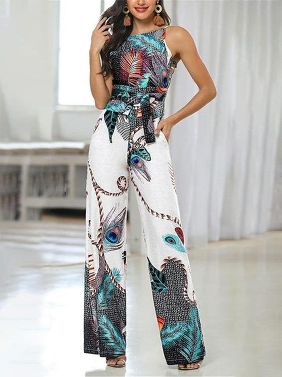 Peacock Feather Print Sling Jumpsuit Ins Street