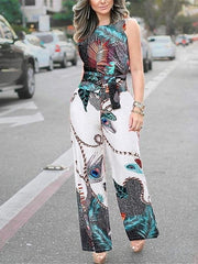 Peacock Feather Print Sling Jumpsuit Ins Street