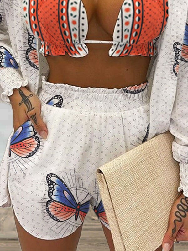 Casual Jacket Shorts Butterfly Print Three-Piece Set Ins Street