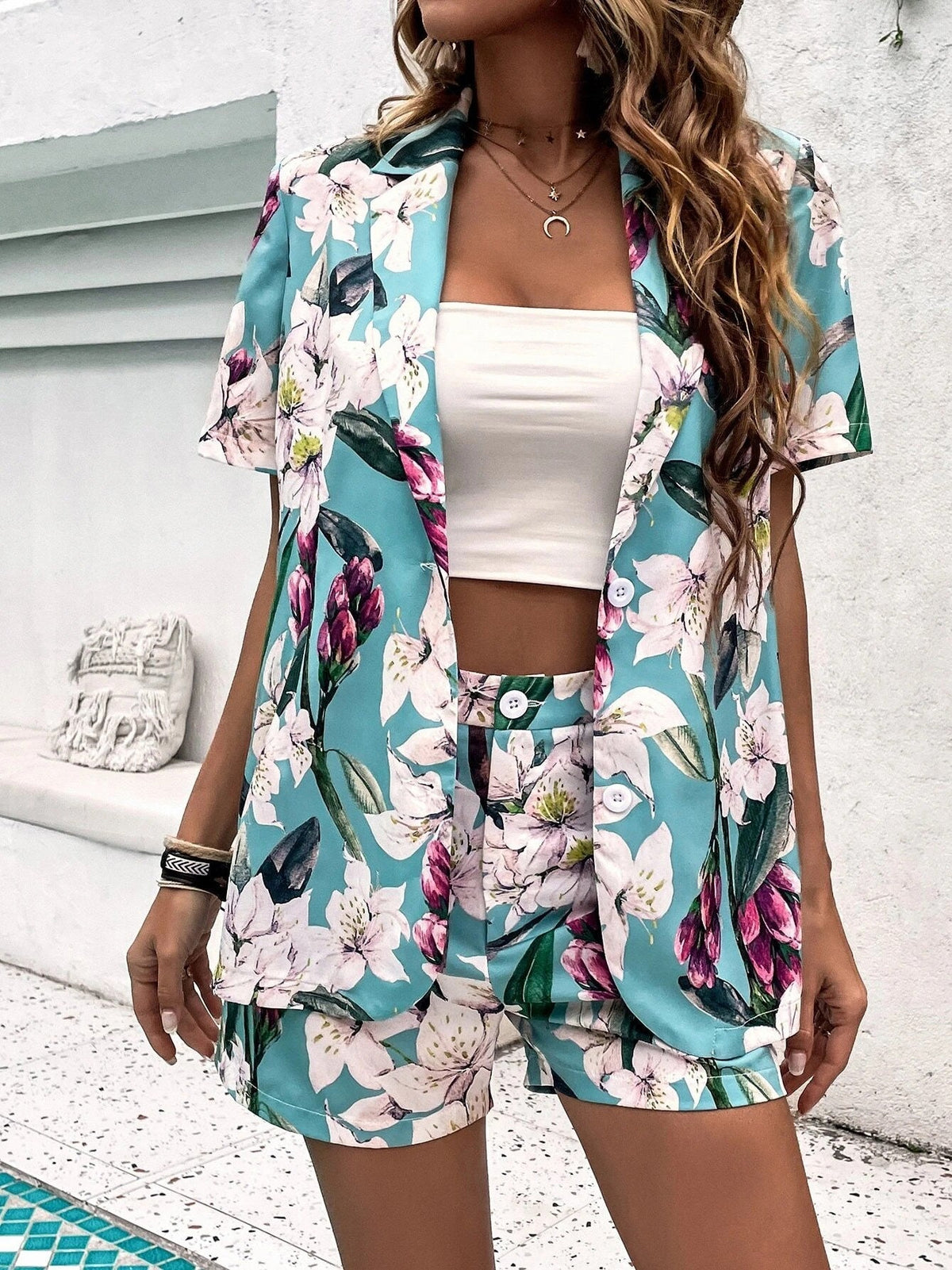 Printed Lapel Short Sleeve Shirt & High Waist Shorts Two-Piece Set Ins Street