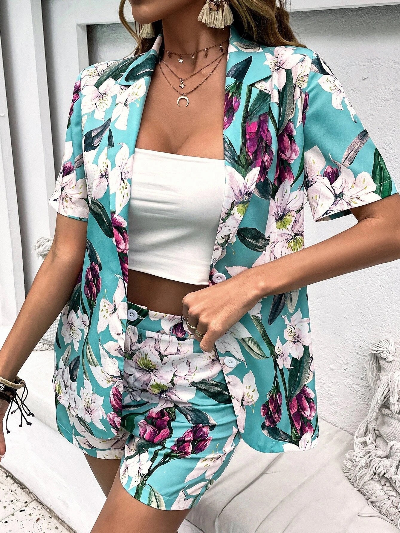 Printed Lapel Short Sleeve Shirt & High Waist Shorts Two-Piece Set Ins Street