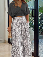 V-Neck Crop Top & Printed Wide-Leg Pants Two-Piece Set Ins Street