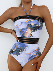 Women's Swimsuits Printed Halter Mesh Panel One Piece Swimsuit Ins Street