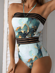 Women's Swimsuits Printed Halter Mesh Panel One Piece Swimsuit Ins Street