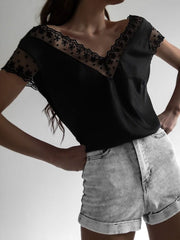 Lace Wavy V-Neck Short Sleeve T-Shirt Ins Street