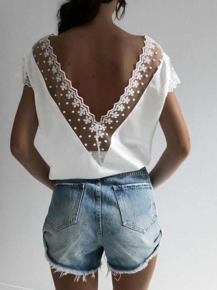 Lace Wavy V-Neck Short Sleeve T-Shirt Ins Street