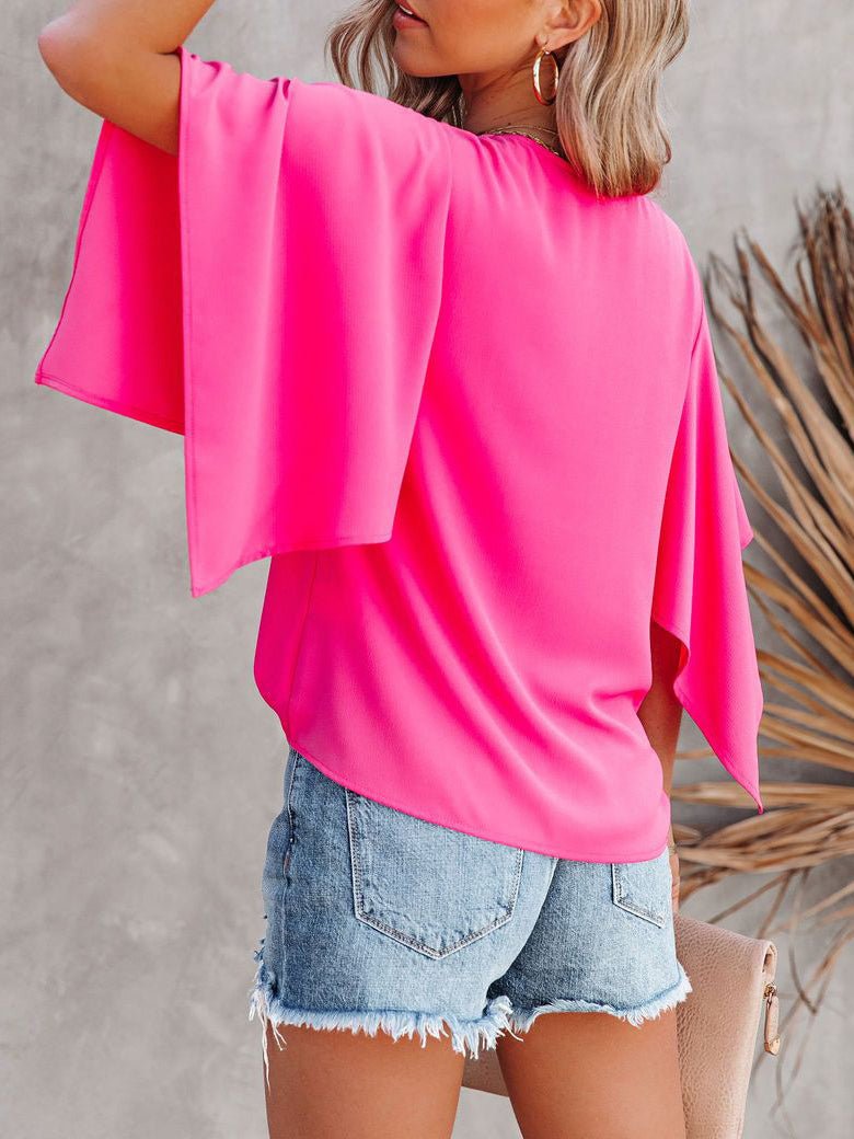 Loose Solid V-Neck Irregular Sleeve T-Shirt Ins Street