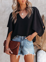 Loose Solid V-Neck Irregular Sleeve T-Shirt Ins Street