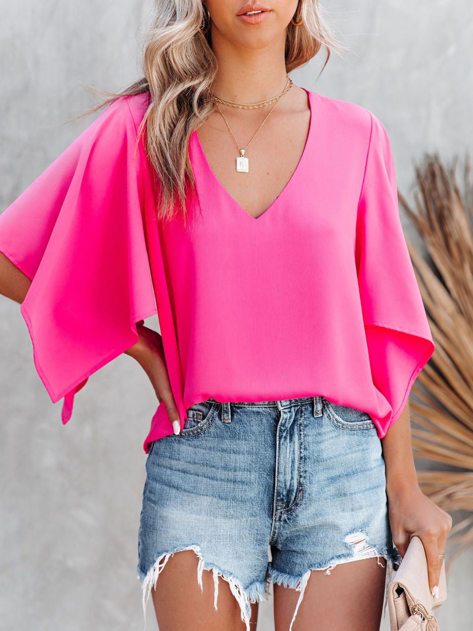 Loose Solid V-Neck Irregular Sleeve T-Shirt Ins Street