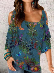 Printed U-Neck Off-Shoulder Mid-Sleeve T-Shirt Ins Street