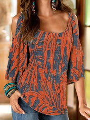 Printed U-Neck Off-Shoulder Mid-Sleeve T-Shirt Ins Street