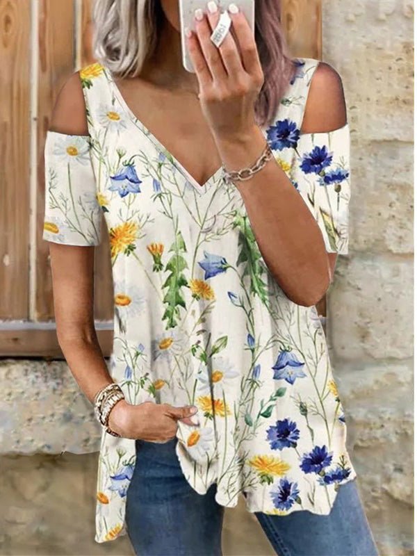 Romantic Floral V-Neck Off-Shoulder Short Sleeve T-Shirt Ins Street