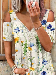 Romantic Floral V-Neck Off-Shoulder Short Sleeve T-Shirt Ins Street