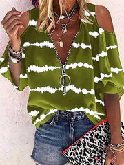 Striped Print Zip Off-Shoulder Mid-Sleeve T-Shirt Ins Street