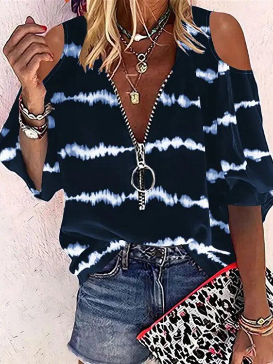 Striped Print Zip Off-Shoulder Mid-Sleeve T-Shirt Ins Street