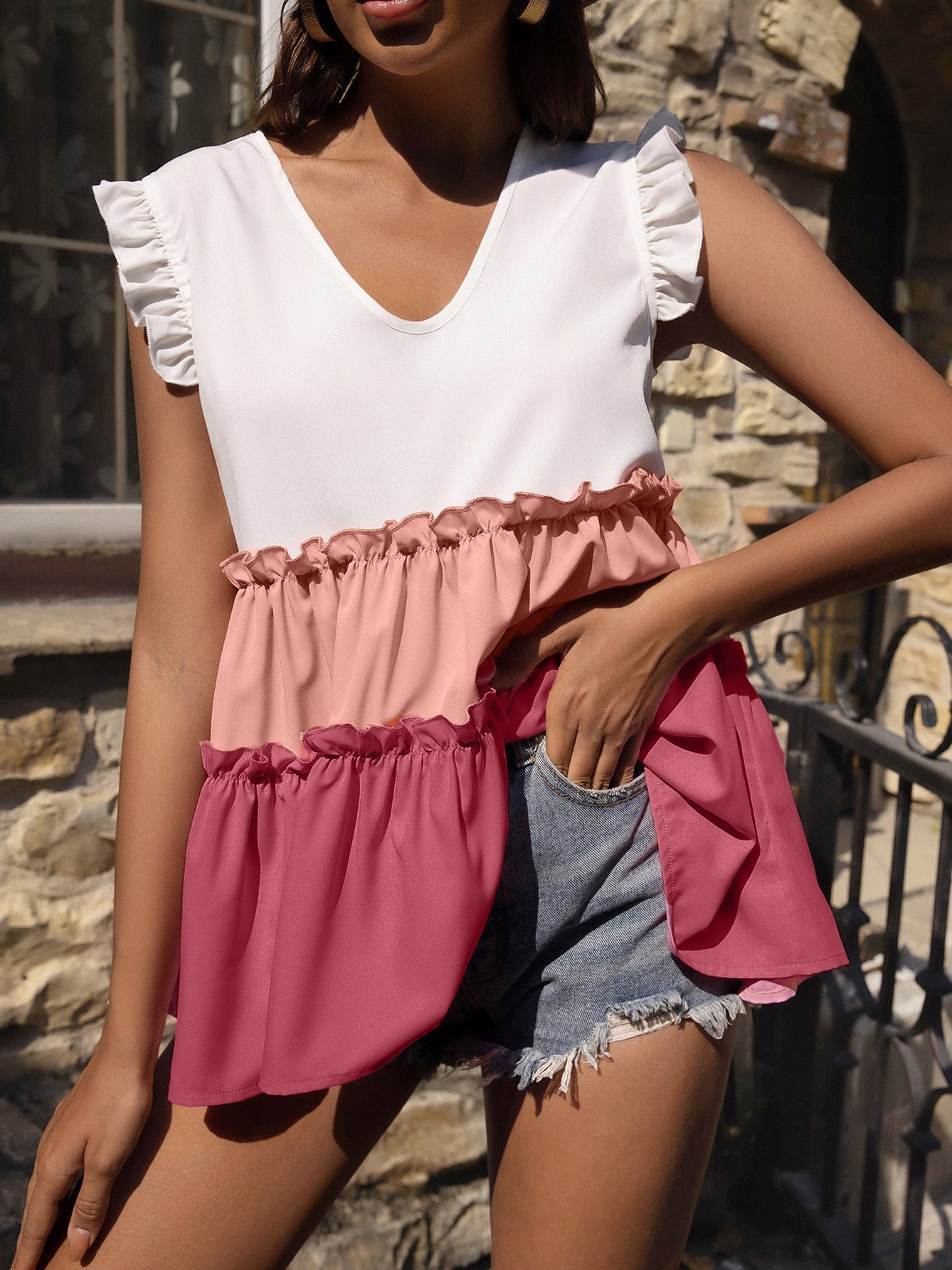 V-Neck Contrast Ruffle Sleeveless Casual Tank Tops Ins Street