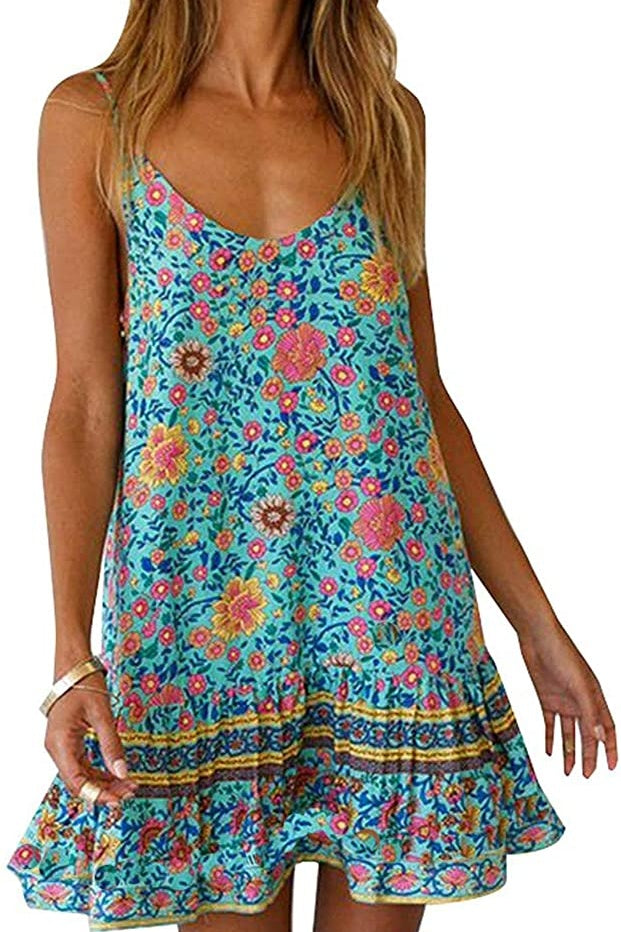 Womens Boho Floral Printed Dress Summer Sleeveless Adjustable Strap Beach Mini Dress with Pockets Ins street