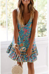 Womens Boho Floral Printed Dress Summer Sleeveless Adjustable Strap Beach Mini Dress with Pockets Ins street