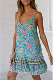 Womens Boho Floral Printed Dress Summer Sleeveless Adjustable Strap Beach Mini Dress with Pockets Ins street