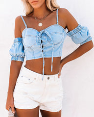 Yonder Denim Lace Up Crop Top Ins Street