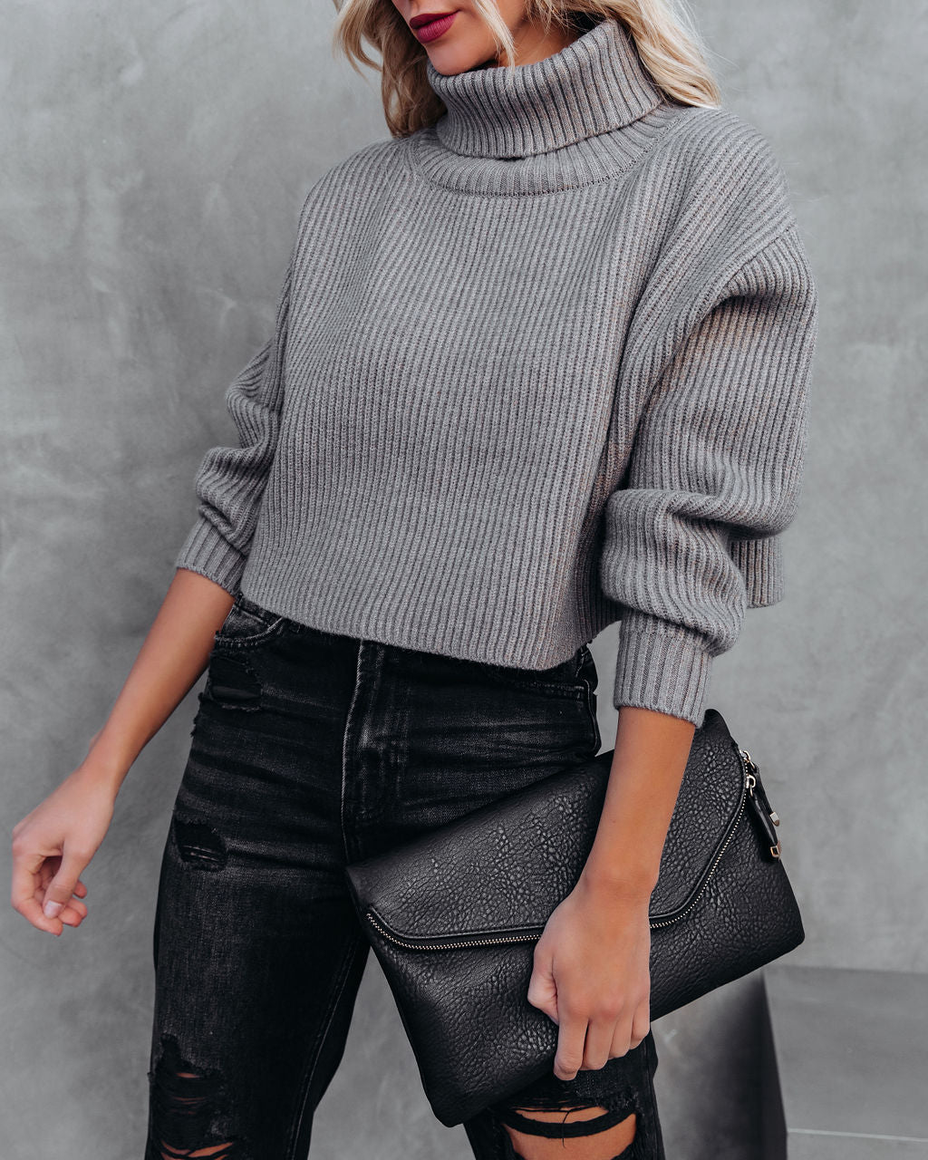 Ysabella Crop Turtleneck Knit Sweater - Pewter Ins Street