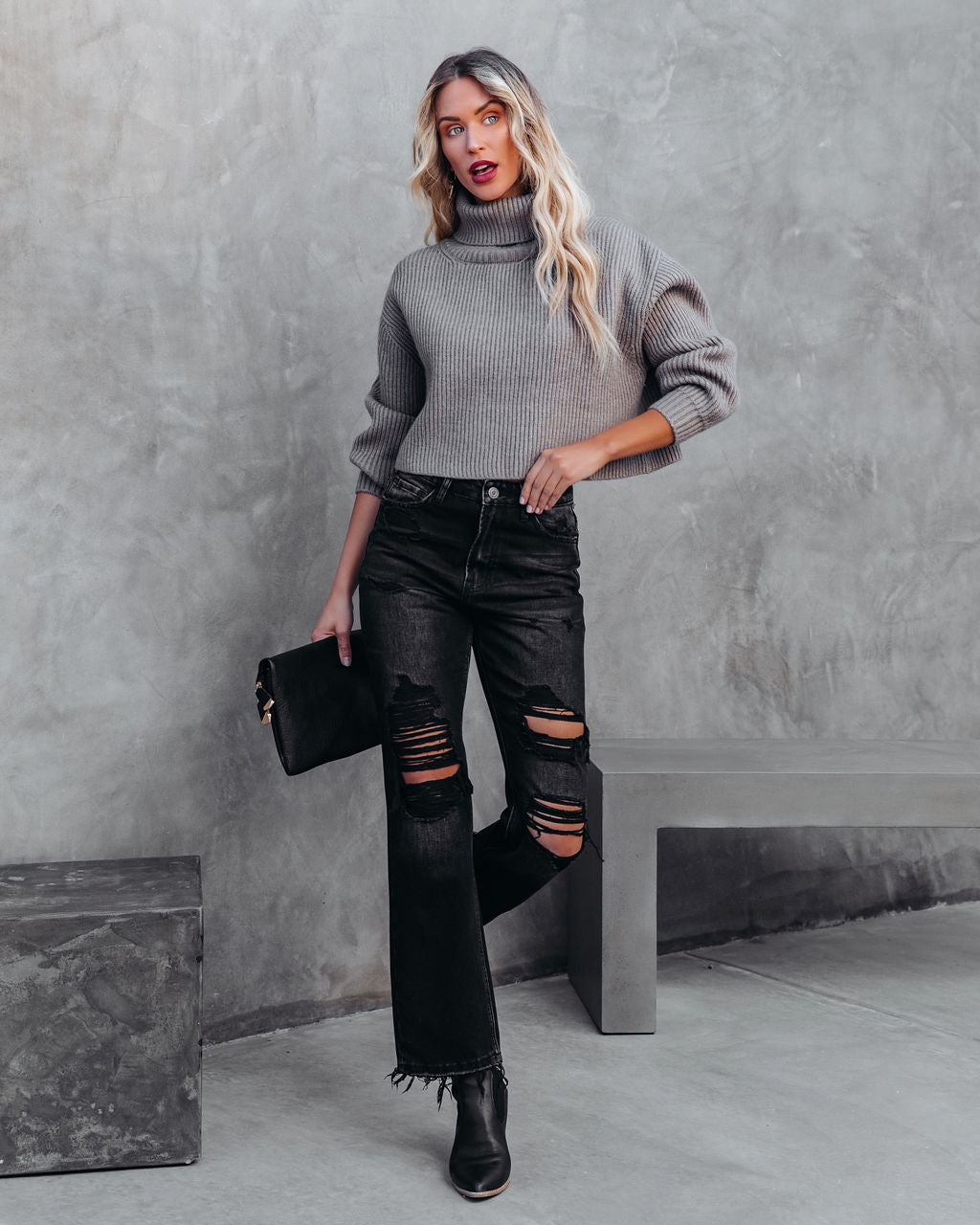 Ysabella Crop Turtleneck Knit Sweater - Pewter Ins Street